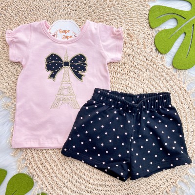 Conj. Blusa Torre Eiffel com Laço e Short Poá - Preto e Rosa